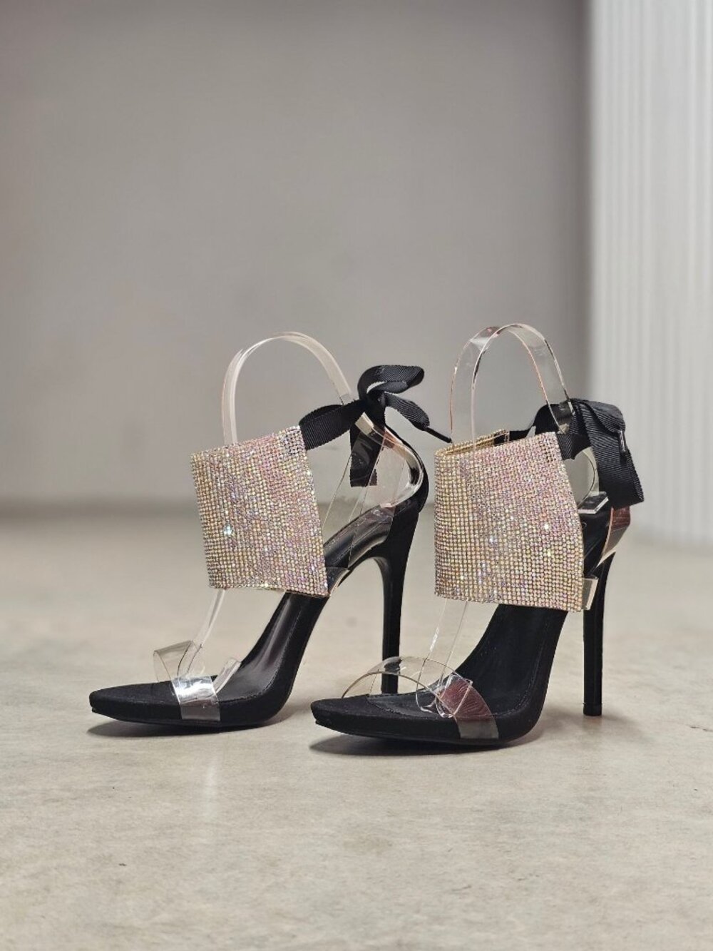 Black High Heel Sandals With Rhinestone Embellished Panels Clear Straps & Ribbon